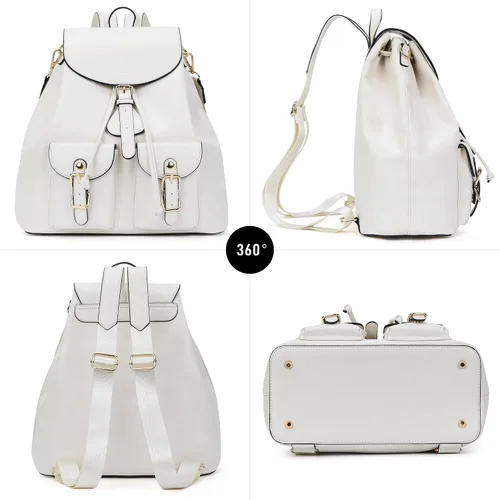 Vista 6 de Chinllo Mochila para mujer, de cuero vegano, a la moda, mochila escolar, diseño multiusos, Solapa blanca, Casual