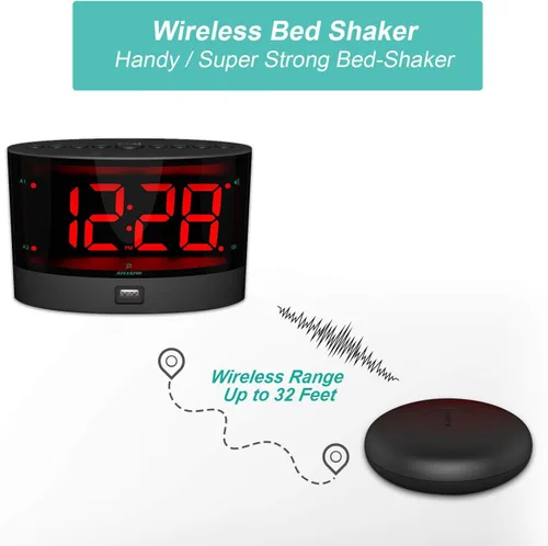 Vista 2 de ANJANK Reloj despertador extra fuerte para durmientes pesados, agitador de cama inalámbrico, alarma dual vibratoria, sordos y con discapacidad