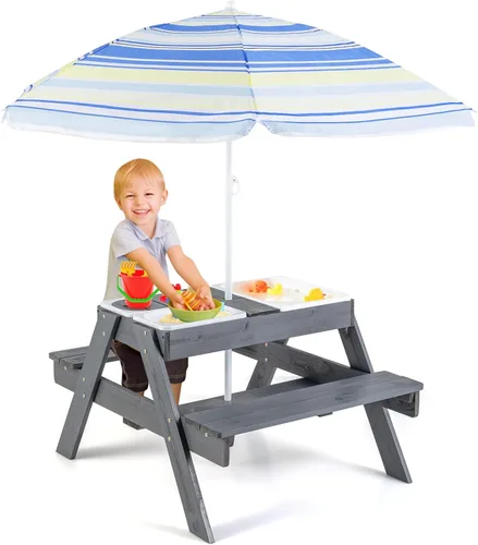 Vista 10 de Costzon Mesa de Picnic para Niños con Contenedores Sensoriales, Mesa de Arena y Agua 4 en 1 con Sombrilla de Altura Ajustable, Superficie de Mesa