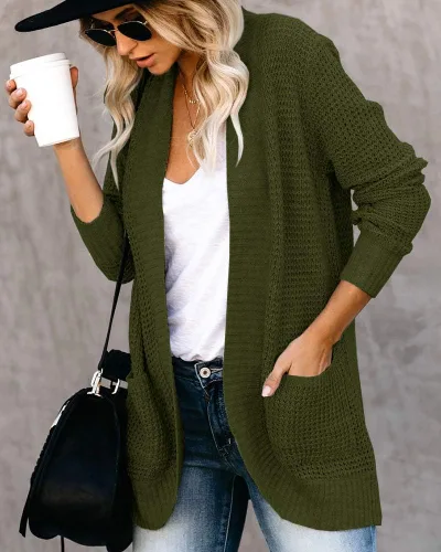 Vista 4 de Saodimallsu - Cárdigan holgado de punto y abertura delantera para mujer, con manga larga, estilo casual, ligero y suave, abrigo con bolsillos