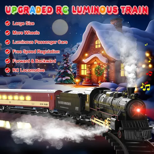 Vista 3 de Conjunto de Tren Hot Bee para Niños, Juego de Tren de Navidad con Control Remoto con Locomotora de Vapor, Coches de Pasajeros Ligeros y Pistas