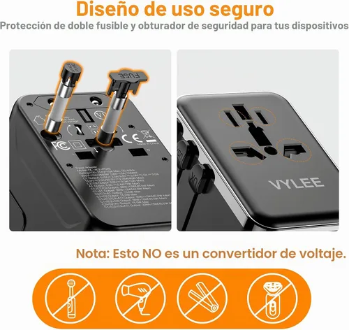 Vista 7 de Adaptador de Viaje Universal, VYLEE Adaptador de Enchufe Internacional de 45W con Carga Rápida PD, 5 Puertos (1 AC/1 USB-A/3 USB-C), Cargador