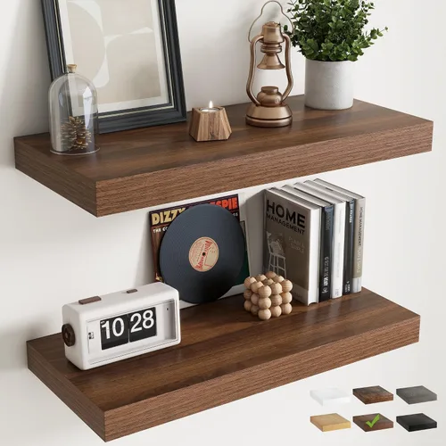 Vista 14 de Juego de 2 estantes flotantes de 16 pulgadas para pared, estantes de baño de grano de madera de 12 pulgadas de profundidad con soportes invisibles