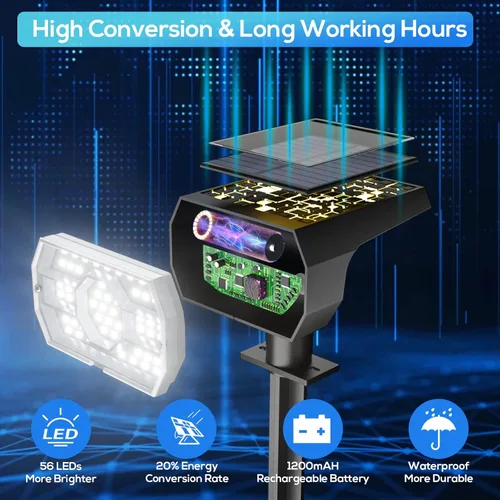 Vista 2 de NYMPHY Luces solares para exteriores, impermeables, IP68, 56 LED, 3 modos de iluminación, funciona con energía solar, luces solares para paisaje