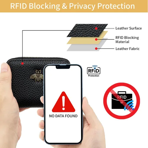 Vista 2 de WOZEAH Tarjetero de cuero para mujer, cartera con bloqueo RFID, con cremallera, tarjetero, para negocios, Negro, Sólido