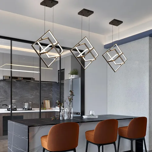 Vista 2 de Lámpara de araña LED moderna negra cuadrada, lámparas geométricas de araña LED, luz colgante regulable, lámpara de araña contemporánea creativa DIY