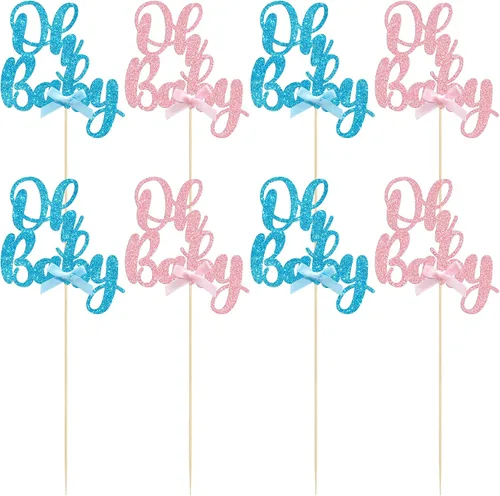 Vista 3 de Gyufise 12 piezas de palos centrales Oh Baby de doble cara con arco azul y rosa de purpurina, adornos para cupcakes de baby shower, revelación