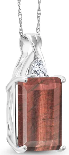 Vista 2 de Colgante de oro blanco de 10 quilates con cadena, corte esmeralda, ojo de tigre rojo y piedra gema de moissanita creada por el rey (6.73 quilates)