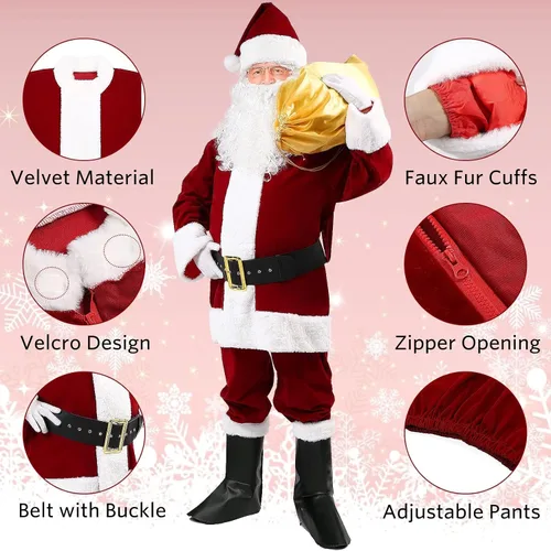 Vista 4 de dgdgcool Santa Claus Costume for Men, 9PCS Deluxe Santa Costume Christmas Velvet Santa Suit Adults Men Professional