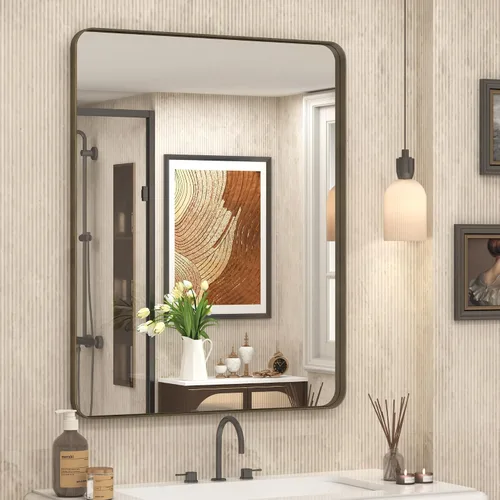 Vista 60 de Paquete de 2 espejos de baño con marco de metal negro de 22 x 30 pulgadas, espejo rectangular redondeado negro mate, antioxidante, se cuelga