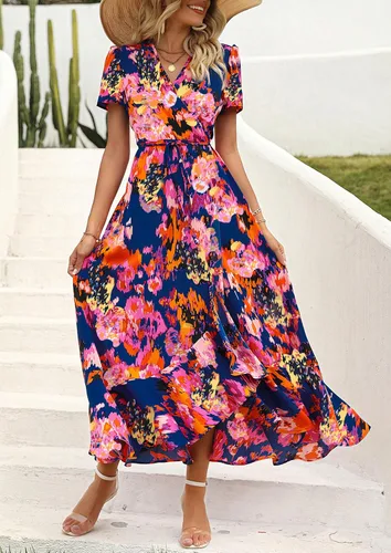 Vista 2 de PRETTYGARDEN - Vestido largo de verano cruzado para mujer, con cuello en V, estilo bohemio, floral, manga corta, dobladillo con volantes