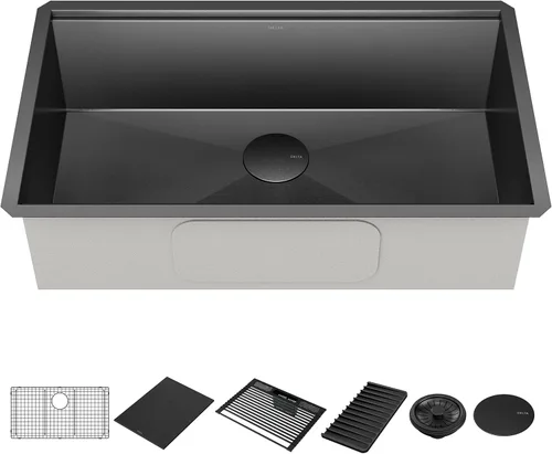 Vista 17 de DELTA FAUCET Delta Rivet 25 Pulgadas de Acero Inoxidable Negro Fregadero de Montaje Superior de Calibre 16 para Cocina con Tarja Única en Acabado