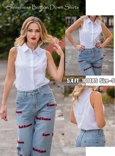 Vista 8 de HOTOUCH Camisas sin mangas con botones ocultos para mujer, frente con botones ocultos, cuello, blusas casuales elegantes holgadas para oficina