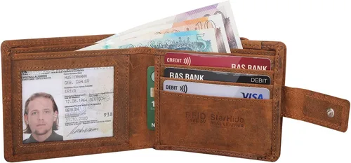 Vista 3 de Cartera de cuero real con bloqueo RFID para hombre con cremallera monedero 1044-marrón, Marrón, Vintage