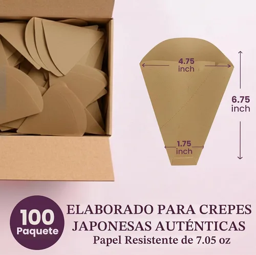 Vista 5 de Friteshop Eco Brown - Envolturas de crepé japonesas, conos desechables seguros para alimentos para crepes, postres, recipientes de papel resistentes