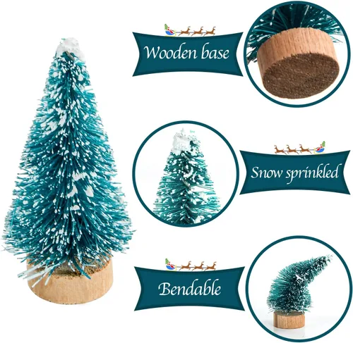 Vista 4 de 24 mini cepillos para botellas de árboles de Navidad con base de madera, mini árboles de plástico artificial para manualidades, adornos de nieve