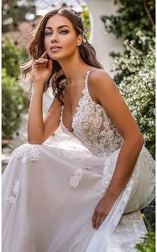 Vista 4 de Vestido de novia de encaje, vestidos de novia largos de playa, vestidos de novia con cuello en V, vestidos de novia para novia sin espalda