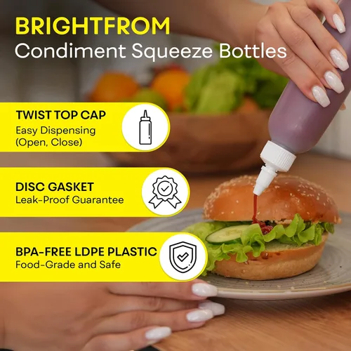 Vista 2 de BRIGHTFROM Botellas exprimibles para condimentos, botella vacía de 6 onzas, a prueba de fugas, ideal para salsa de tomate, mostaza, jarabe, salsas
