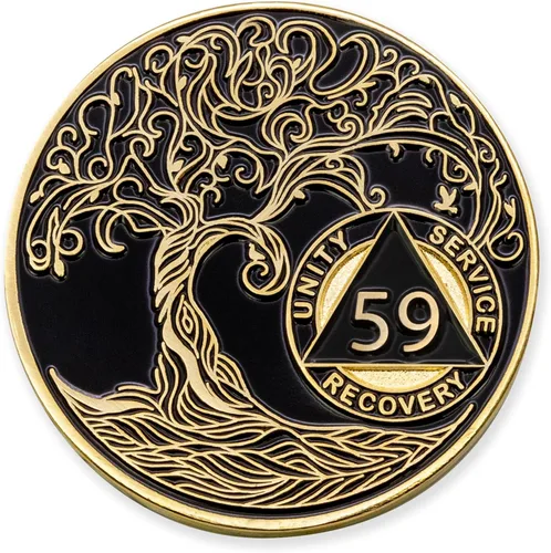 Vista 24 de 1 año Sobriety Mint Twisted Tree of Life Medallón de recuperación AA chapado en oro, chip/ficha - negro