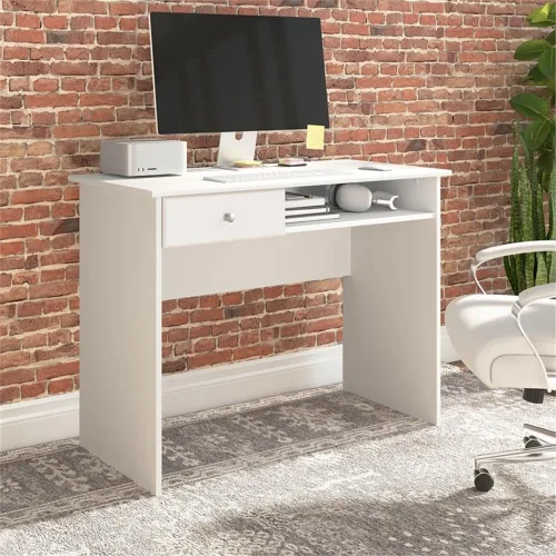 Vista 2 de Bush Home Cabot - Escritorio pequeño de 40 W con cajón y estante en color blanco, mesa de trabajo compacta para oficina en casa o sala de estar