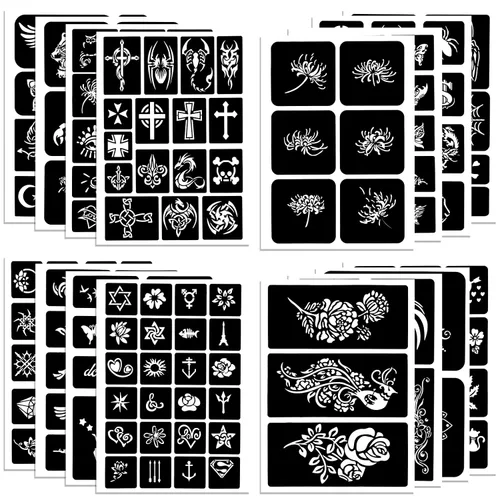 Vista 9 de Qpout Plantillas de tatuaje para niños y adultos, kit de plantillas de tatuaje de henna, diseño de plantillas de tatuaje pequeñas y grandes