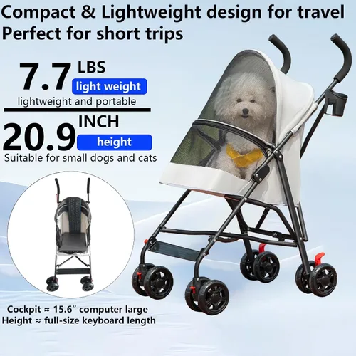 Vista 5 de Cat Stroller Foldable Lightweight for Small Dogs Cats 0-15 lbs,Gray Dog strollers for small dogs, 4 wheels, cup holder, breathable mesh.Perfect