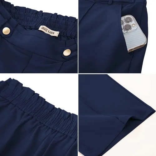 Vista 9 de GRACE KARIN Pantalones de trabajo recortados de pierna recta para mujer, cintura alta elástica, pierna ancha, pantalones casuales de negocios