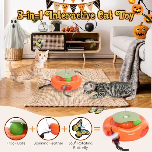 Vista 2 de Pawingcat Juguete interactivo para gatos 3 en 1 de Halloween, juguete para gatos de calabaza, golpear un topo, juguete para gatos con mariposa