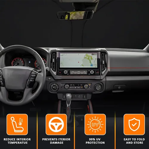 Vista 3 de D-Lumina Parasol plegable para parabrisas con bandera de EE. UU. para Nissan Frontier 2022, 2023, 2024, 2025, protector de sol frontal bloquea rayos