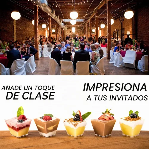 Vista 5 de DLux 100 x 2oz Tazas Cuadradas Mini de Postre con Cucharas y Tapas, Taza de Plástico Transparente para Aperitivos Parfait - Pequeño Cuenco