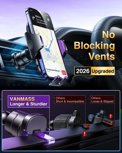 Vista 6 de VANMASS [Verdad Grado Militar] Soporte para teléfono de coche [Mejor succión y clip] Soporte para teléfono celular para salpicadero, rejilla