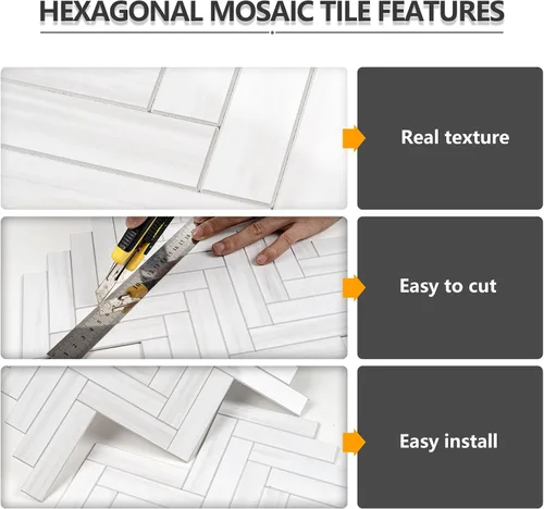 Vista 7 de Vamos Tile Azulejo Blanco Brillante de Dolomita Despegar y Pegar para Salpicaderas - 10 Hojas Azulejos de PVC Autoadhesivos en Espiga para Pegar