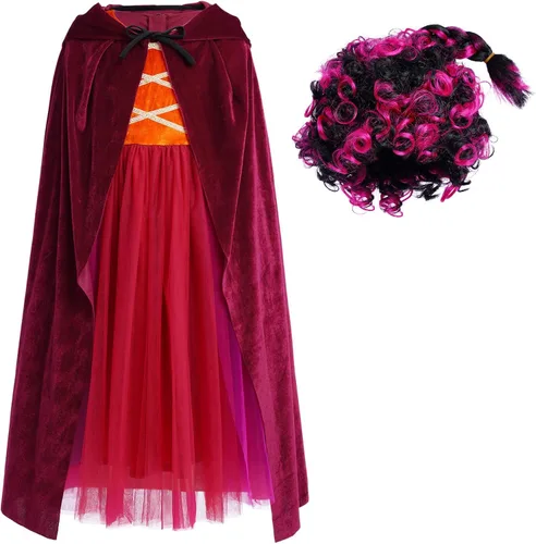 Vista 4 de FYMNSI Kids Girls Witch Costume Witch Sisters Dress Cape Cloak Wigs Halloween Cosplay Outfit Fancy Dress up Witch Dresses