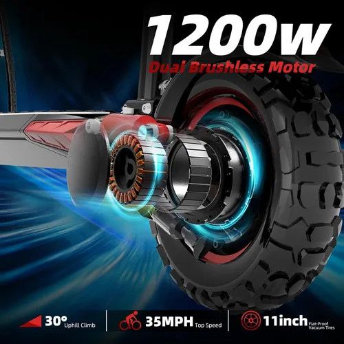 Vista 2 de Scooter eléctrico para adultos, neumáticos todoterreno de 11 pulgadas, batería grande de 48 V 18/21 AH, motor de 1200 W, 34 Mph, 34/37 millas