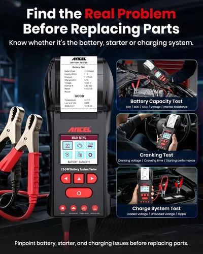 Vista 2 de ANCEL BST600 - Probador de batería de coche con impresora - 12V/24V, 100-2000 CCA, probador digital de carga de batería automática - Prueba