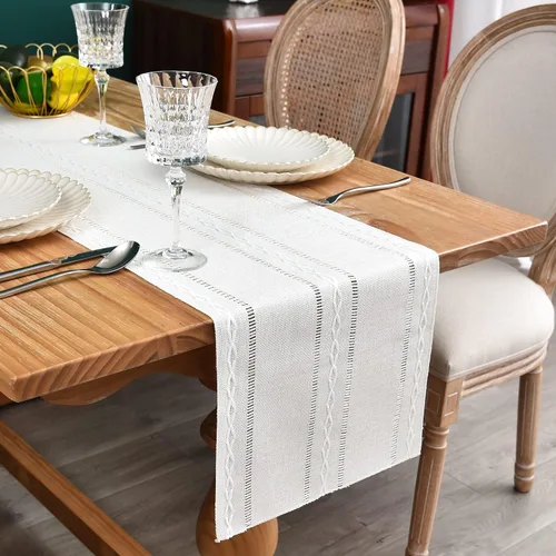 Vista 14 de Camino de mesa rústico de granja con rayas trenzadas, caminos de mesa bordados, decoraciones de mesa para cocina, sala de estar, comedor, días