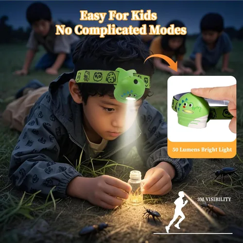 Vista 7 de KunHe Paquete de 8 Linternas Frontales LED para Niños con Diseños de Animales, Linterna Frontal Ajustable para Acampar, Correr, Rellenos