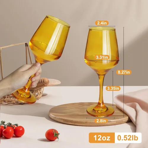 Vista 2 de Juego de 6 copas de vino ámbar con tallo de 12 onzas, gruesas y coloridas, aptas para lavavajillas, para rojo o blanco, regalo para fiestas
