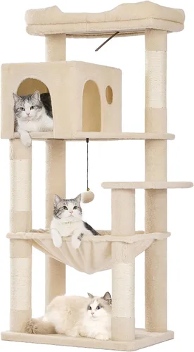 Vista 11 de Árbol para gatos pequeños de 32 pulgadas para gatos grandes, torre para gatos adultos con poste rascador, hamaca grande de 15.7 pulgadas y auto Beige