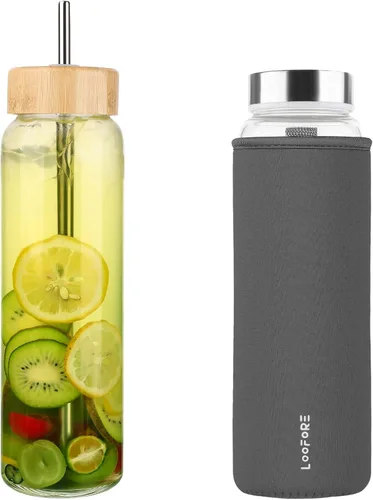 Vista 9 de Botella de agua de vidrio de 32 onzas con popote, reutilizable, ecológica, sin bisfenol A, botellas de agua de vidrio de borosilicato con 2 tapas