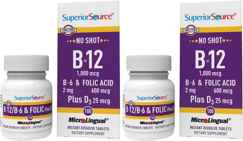 Vista 10 de Superior Source No Shot Vitamina B12 Cianocobalamina 1000 mcg, B6, ácido fólico, vitamina D 1000 UI, tabletas microlingües de disolución rápida, 100