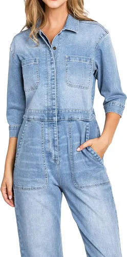 Vista 7 de Lana Roux Overol de mezclilla de pierna recta para mujer Aviator Utility Relax