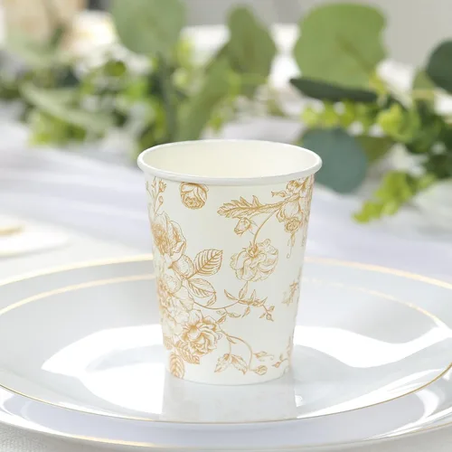 Vista 5 de Efavormart - Paquete de 24 vasos de papel franceses, elegantes vasos desechables de oro blanco para fiesta, 9 onzas tipo10