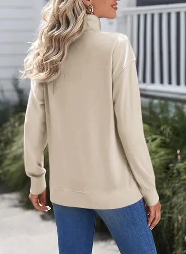 Vista 3 de Sudadera casual de ajuste relajado con cremallera de un cuarto para mujer, color liso