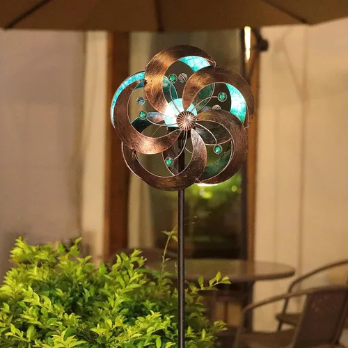 Vista 5 de Spinner de viento solar mejorado 360 grados giratorio multicolor LED iluminación bola de vidrio con cinético viento giratorio vertical escultura
