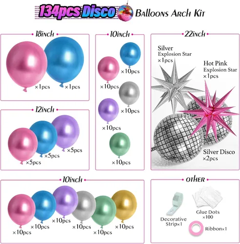 Vista 2 de FOTIOMRG Kit de arco de globos de discoteca de 135 piezas con globos de bola de discoteca, globos metálicos plateados, azul, verde, morado, rosa