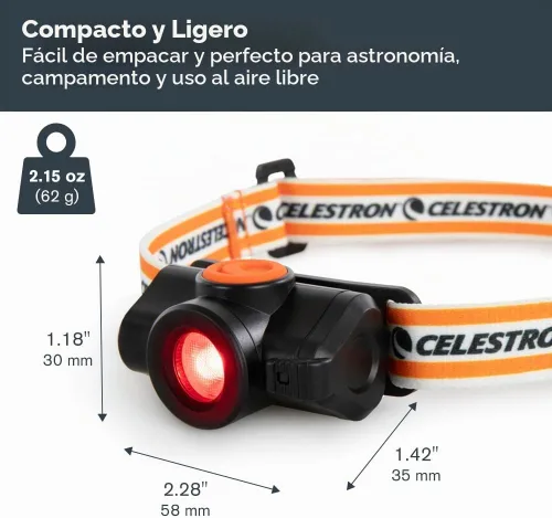 Vista 7 de Celestron – Linterna de visión nocturna para la cabeza – Múltiples modos de luz – Incluye configuración SOS – Ideal para astronomía y campamento