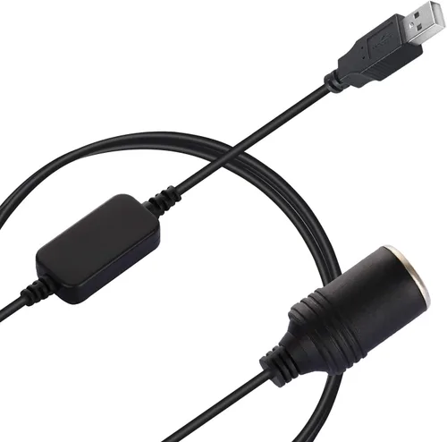 Vista 2 de Adaptador USB A macho a hembra de 12V para encendedor de cigarrillos de coche para GPS Dashcam y más - Negro (0.3M/1 pie)