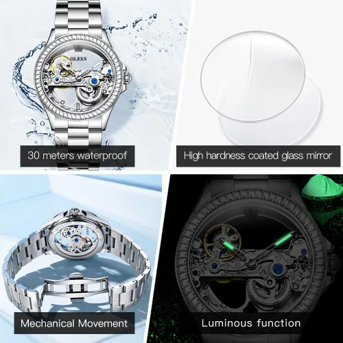 Vista 6 de OLEVS Reloj de mujer con diseño de esqueleto, mecánico automático, plateado, de lujo, impermeable, luminoso, para regalo del día de San Valentín