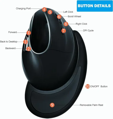 Vista 5 de Eelexa Ratón vertical ergonómico: Ratones ópticos de computadora de modo dual Bluetooth de 2.4G, mouse recargable inalámbrico con reposamanos